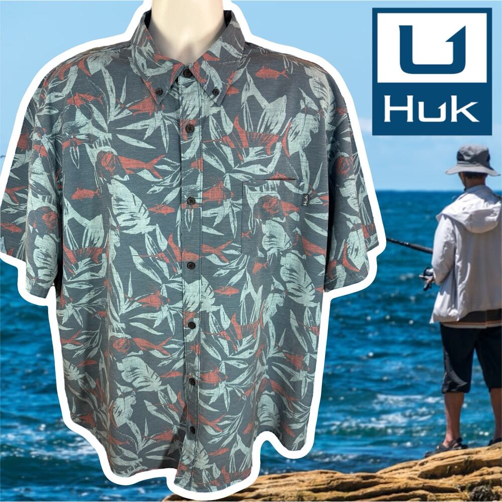 Huk Blue Red Palm Floral Marlin Stretch Button Up Shirt 2XL